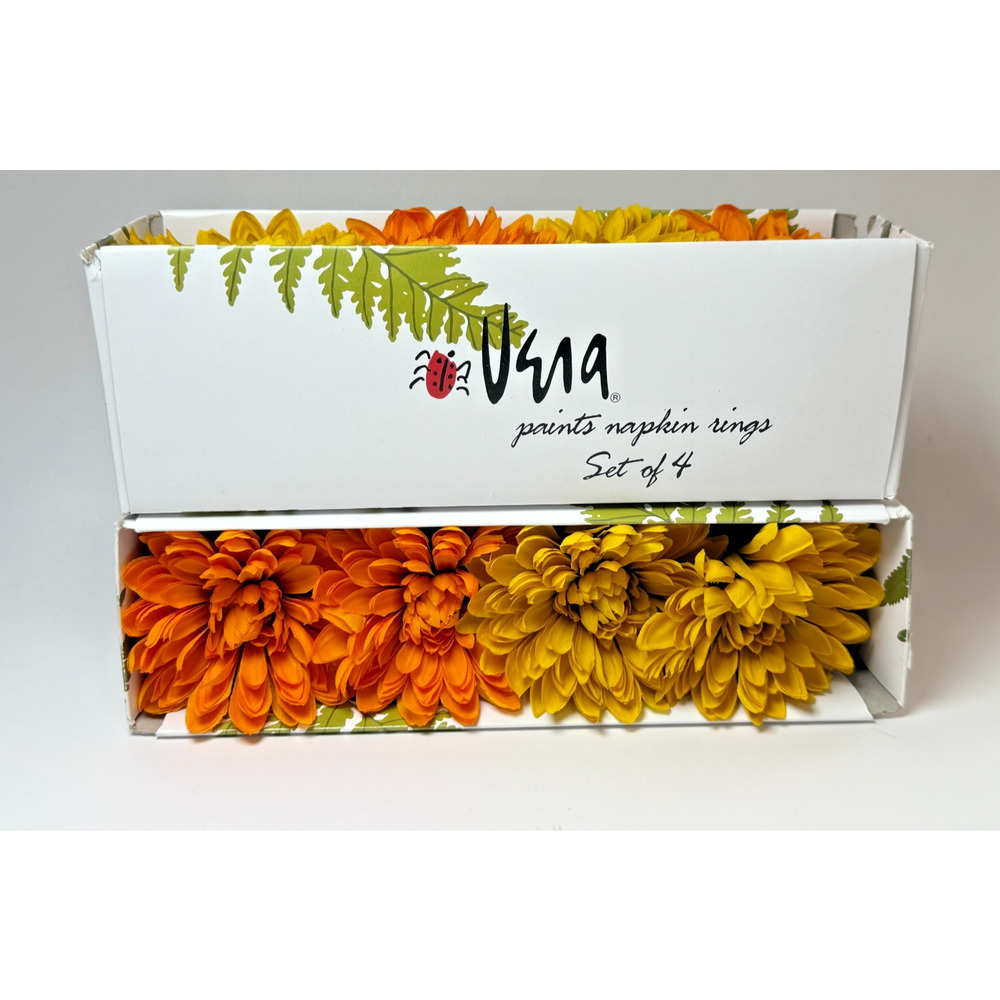 Set Of 8 VERA Paints Napkin Rings Holders Orange & Yellow Mums New in the Box